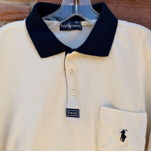Vintage Polo Ralph Lauren Pocket Polo Shirt – Made in USA – Beige w/ Navy Collar
